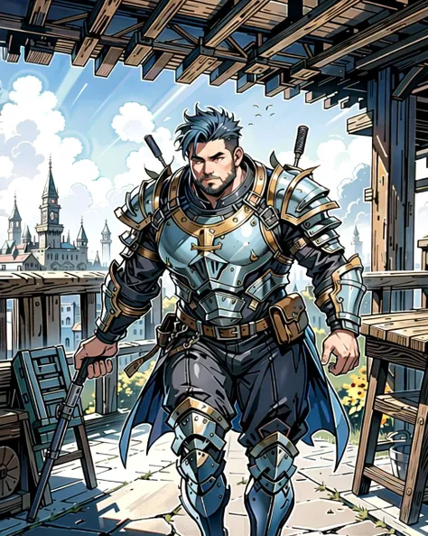 ((masterpiece), best quality, high quality, professional quality, highly detailed, highres, perfect lighting, natural lighting), (1boy, overweight, handsome, no facial hair, short hair, blue hair), wearing armor, running, in a fantasy town