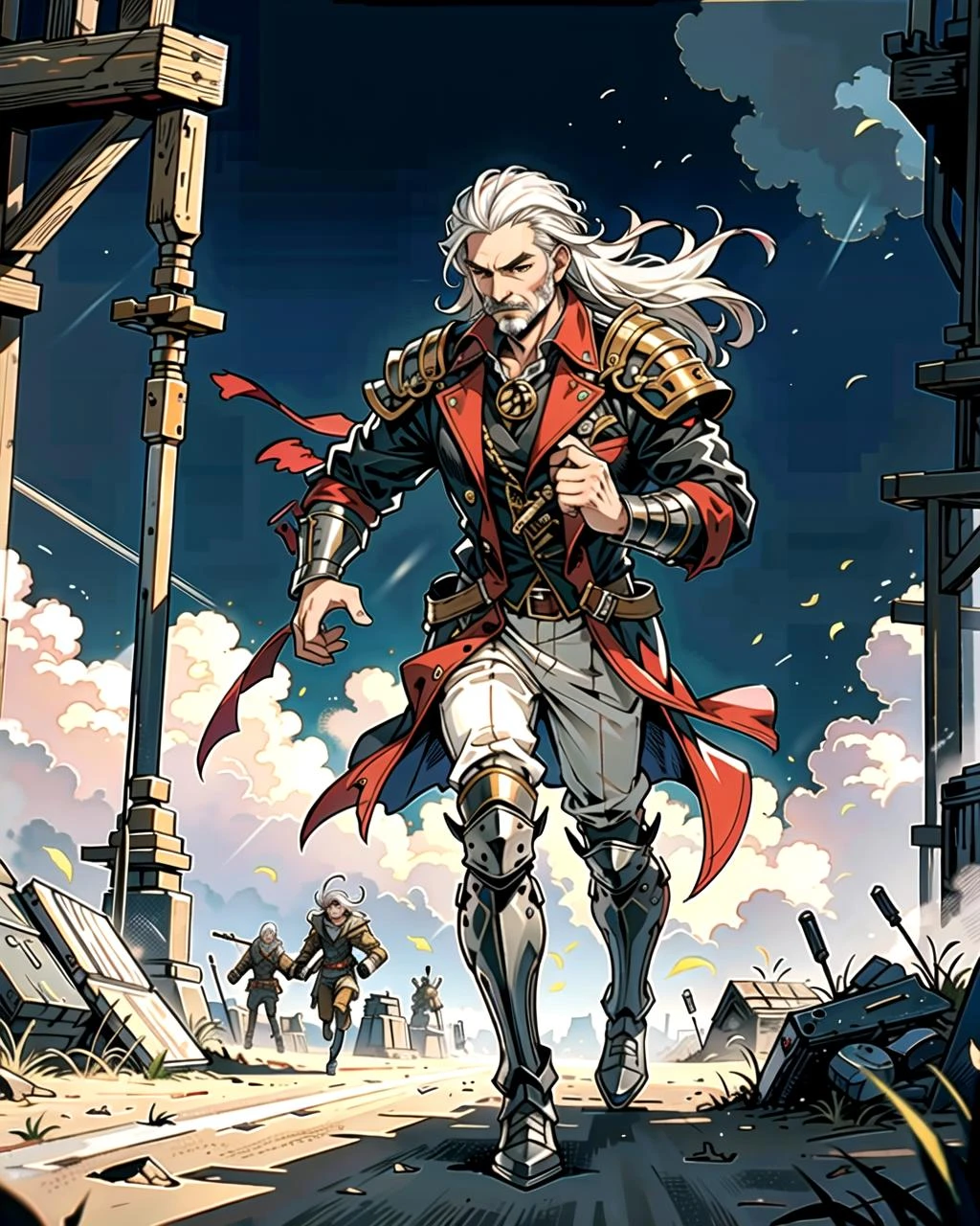 ((masterpiece), best quality, high quality, professional quality, highly detailed, highres, perfect lighting, natural lighting), (1boy, slender, handsome, mustache, long hair, white hair), wearing fantasy clothing, running, on a battlefield