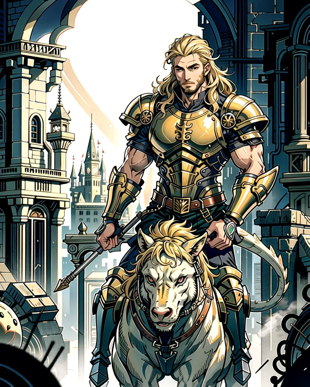 ((masterpiece), best quality, high quality, professional quality, highly detailed, highres, perfect lighting, natural lighting), (1boy, muscular, handsome, facial hair, long hair, blonde hair), wearing armor, riding a dragon, in a castle
