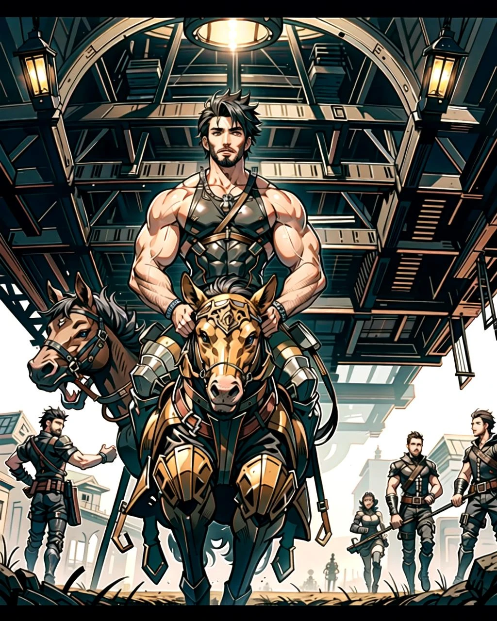 ((masterpiece), best quality, high quality, professional quality, highly detailed, highres, perfect lighting, natural lighting), (1boy, muscular, handsome, goatee, short hair, black hair), wearing fantasy clothing, riding a horse, on a battlefield