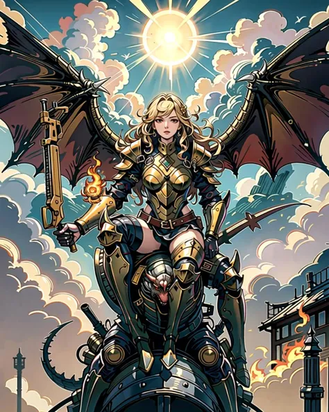 ((masterpiece), best quality, high quality, professional quality, highly detailed, highres, perfect lighting, natural lighting), golden dragon, (1girl, wearing armor, sitting on dragon, dragon rider, holding weapon), flying, flames, magic, clouds, sun in background