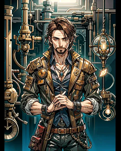((masterpiece), best quality, high quality, professional quality, highly detailed, highres, perfect lighting, natural lighting), (1boy, slender, handsome, facial hair, medium length hair, brown hair), wearing fantasy clothing, casting a spell, in a fantasy town