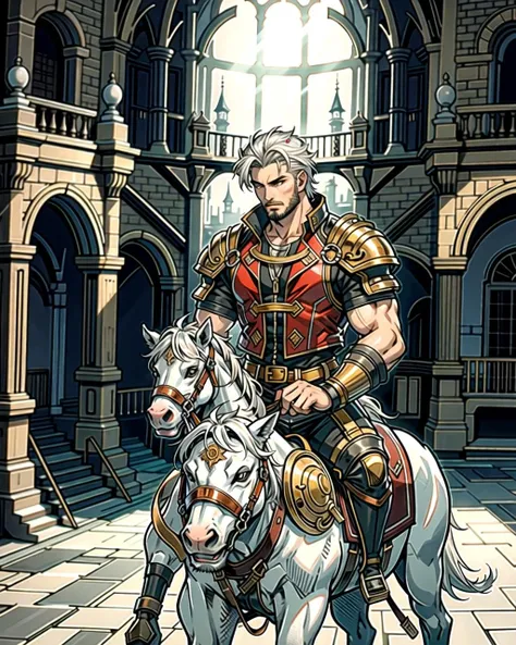 ((masterpiece), best quality, high quality, professional quality, highly detailed, highres, perfect lighting, natural lighting), (1boy, muscular, handsome, facial hair, short hair, white hair), wearing fantasy clothing, riding a horse, in a castle