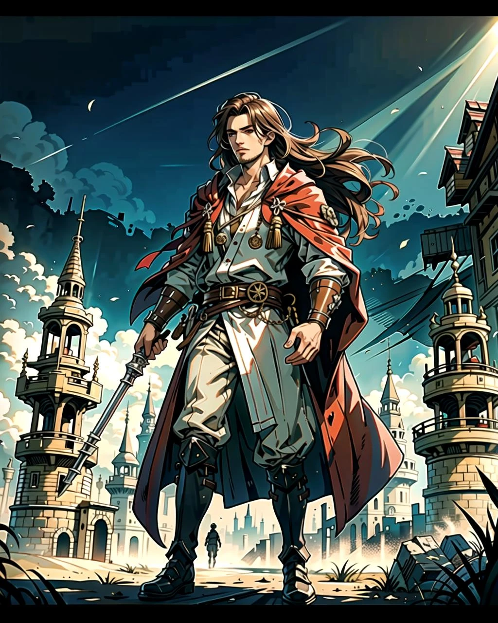 ((masterpiece), best quality, high quality, professional quality, highly detailed, highres, perfect lighting, natural lighting), (1boy, slender, handsome, no facial hair, long hair, brown hair), wearing wizard robes, fighting, on a battlefield