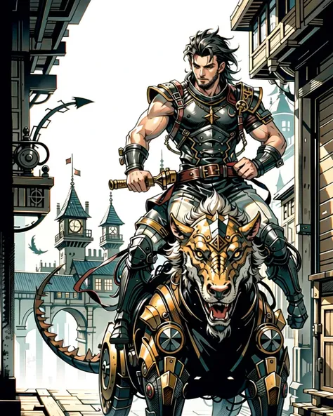 ((masterpiece), best quality, high quality, professional quality, highly detailed, highres, perfect lighting, natural lighting), (1boy, muscular, handsome, no facial hair, medium length hair, black hair), wearing fantasy clothing, riding a dragon, in a fantasy town