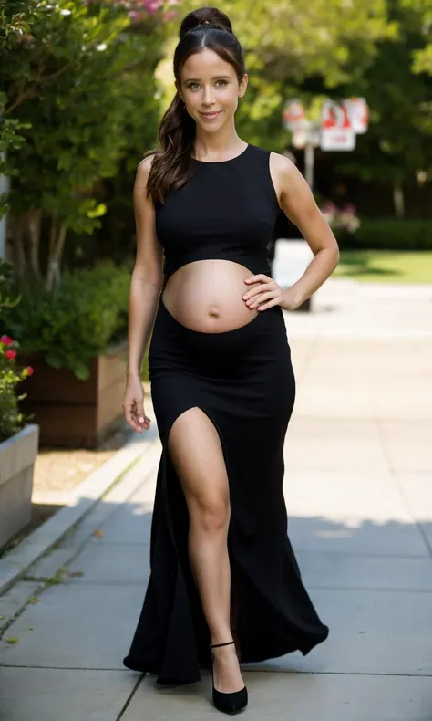 1girl, full body, 18yo, (jennifer love hewitt:1), caucasian,
black hair, ponytail, blue eyes,
standing, big smile, looking at viewer,
outdoors, city, square, sunny,
((Hasselblad photography)), finely detailed skin, sharp focus, (cinematic lighting), soft lighting,
<lora:Pregnant-v1:0.7> pregnant, (navel:1.4),
saggy breast, huge breast, long nipples, erected nipples, large areolae,
<lora:side_see_through_dress:0.8>, black dress, pantyhose, see-through