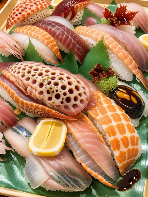 Positive: cinematic photo album cover of trypophobic (trypophobia:1.4) sushi nigiri  <lora:FaeTastic2:0.7> <lora:sushi_SDXL_V2:1> fish head, tentacles, (slugs) . 35mm photograph, film, bokeh, professional, 4k, highly detailed