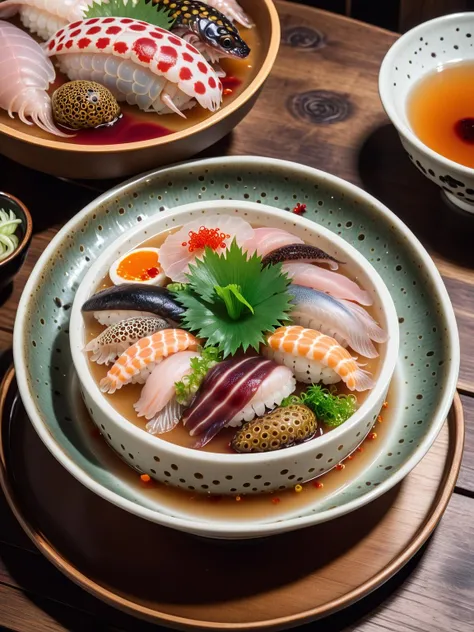 Positive: cinematic photo album cover of trypophobic (trypophobia:1.4) sushi nigiri  <lora:FaeTastic2:0.7> <lora:sushi_SDXL_V2:0.9> fish head, tentacles, (slugs) . 35mm photograph, film, bokeh, professional, 4k, highly detailed, A high-resolution, hyper-realistic image of horror movie scene of a bowl of (Sweetbeefsoup:0.4). This traditional dish features a clear, ((slugs)), ((worms)) and ((centipedes)) that is the star of the dish. The broth is simmered to perfection, with dozen slices of the ((human brain)) that tantalizes the taste buds. A subtle hint of pink is added to the broth, giving it a unique and appealing look. It's served in a traditional ceramic bowl, placed on a rustic wooden table. ,