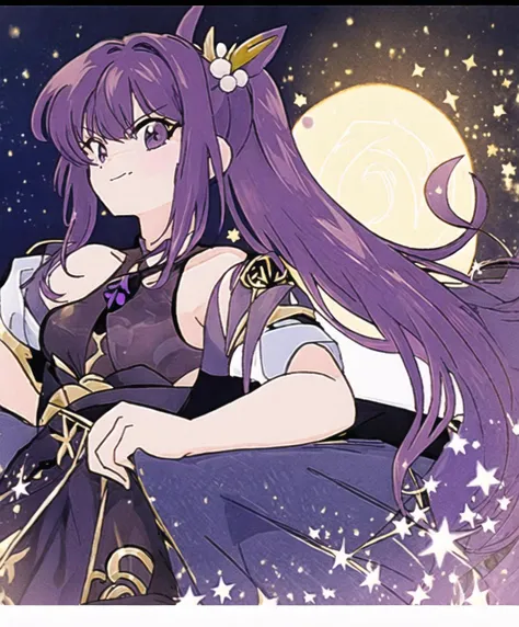 <lora:bluestyle:1>, <lora:keqingGenshinImpact3in1_v10:1>, keqing, purple hair, twintails, moon, close up, detailed, girl,  amazing body, detailed background, night city, detailed face, (hdr, hyperdetailed:1) smile, details, ornament, masterpiece, official alternate costume, 1girl, keqing (genshin impact), solo, purple hair, dress, long hair, looking at viewer, hair bun, purple eyes,
