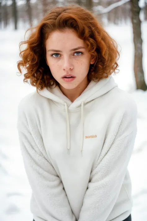 photograph of a woman, (disgusted facial expression), textured skin, goosebumps, ginger curly hair, oversized hoodie with leggings and sneakers, profile, winter landscape covered in a pristine blanket of white snow, perfect eyes, (cinematic lighting, strong side key lights), muted low grain color, shot on Kodak Brownie, bokeh, sharp focus on subject, shot by Lee Miller