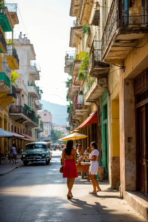 cinematic film still, shallow depth of field, highly detailed, gorgeous, film grain, During a serene afternoon, a Havana café gleams under a gentle golden glow, its sturdy wooden décor alive with movement, A skilled waitress navigates with ease, offering refreshing iced coffee and coconut water to visitors and regulars alike, fostering an atmosphere of conviviality and exchange, The sun's rays cascade onto a classic Cuban car stationed nearby, reflecting the cafe's vibrant energy <lora:detail_slider_v4:1>