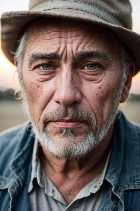 emotional portrait photo of old man in rugged bluesman clothes, face, looking at viewer, portrait, (skin pores:1.2), (moles:0.8), (imperfect skin:1.1), intricate details, goosebumps, flawless face, cinematic, dark, muted colors, atmosphere, ((macro lens)), sunset