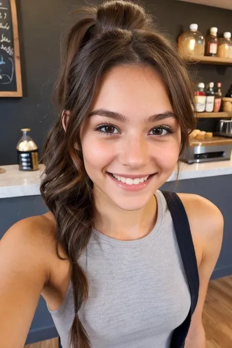 a beautiful 21yo female barista, solo, skinny, chiseled face, dark eyes, (long wavy hairstyle, ponytail, (brown haircolor)0.5), light smile, blushing, dimples, pov face