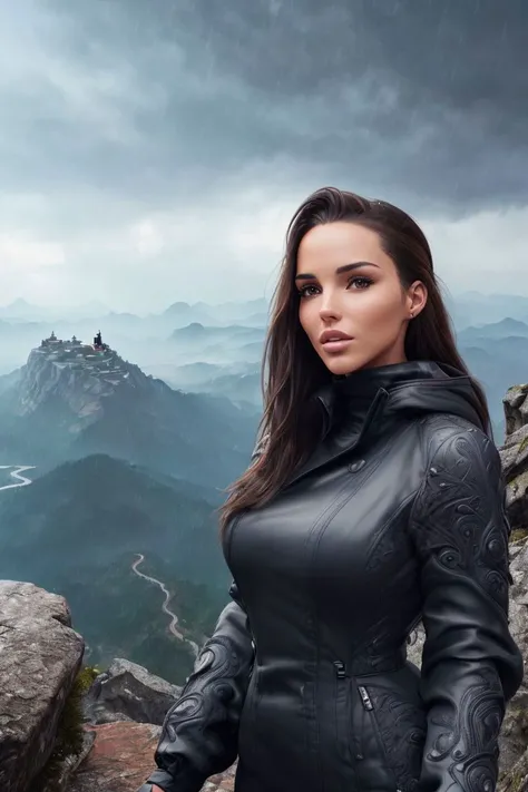 photo of S101_MartaBorkowska, an attractive woman, on a (mountain-top), wearing a (coat), (heavy-rainstorm:1.1), (8k, RAW photo, best quality, depth of field, ultra high res:1.2), (absurdres, intricate, photorealistic, masterpiece, ultra-detailed, Unreal Engine:1.3)