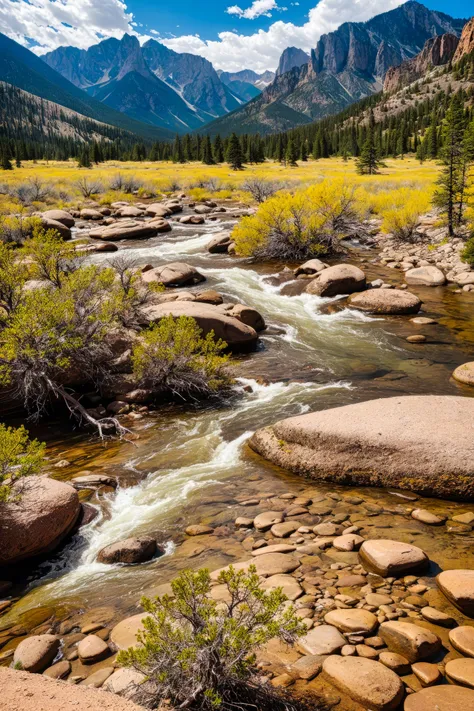 ground level photo within New Mexico Rocky Mountain Range, State Park, with a feeling of splendor and humility, after long hard rain with flowing water