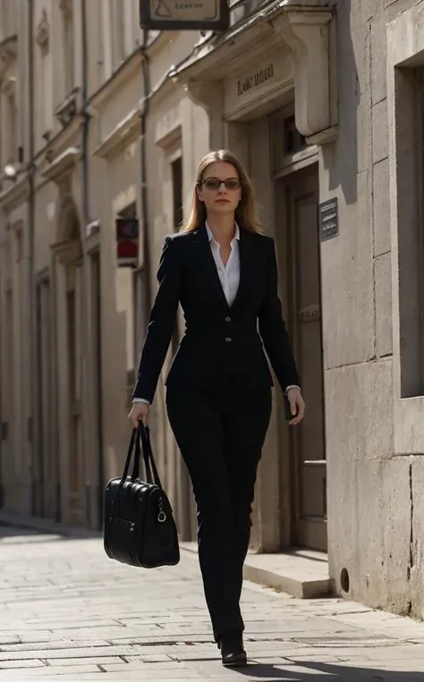 [Spy agency] photo of a [27 yo Czech woman], [professionalassassin], [banker clothing], [walking down the sidewalk], [lots of pepple bustling], [European old city], [afternoon sweet lighting], [high camera angle], [long zoom lens medium format camera], in the style of [Mission Impossible]