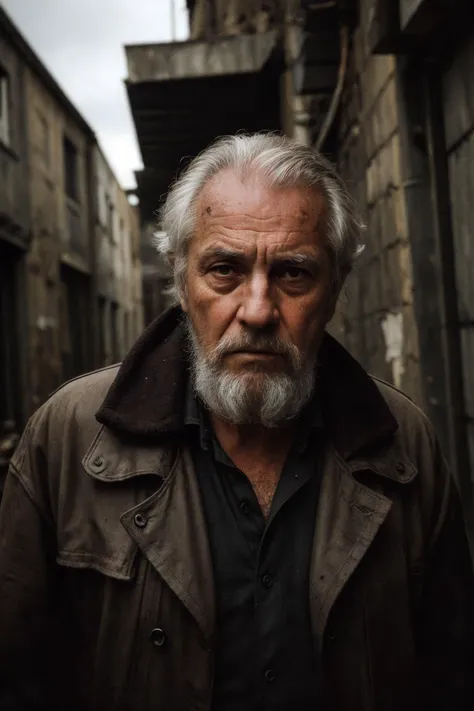 award winning film still of post-apocalyptic city, photographic close-up face shot portrait of an old man, exhausted, alone, sinister expression, dressed in rags, wearing a hood, painfully walking in a (dark narrow alley:1.3), blasted by the wind, destroyed buildings, wrecked cars, pipes, ducts, cables, broken vents, dust, dirt, rust, stormy overcast weather, heavy dark clouds, intricately detailed, depth of field, dramatic backlighting, cinematic LUT, film grain