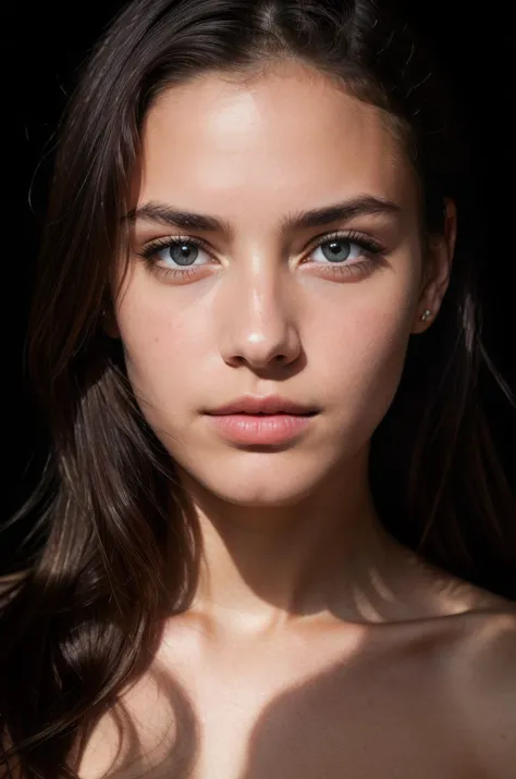 Photo portrait of a pensive young woman with sparkling eyes, detailed skin, half her face concealed in shadow, tight close up on face, dark background, side lighting revealing her gaze, eye level, in the style of Nathan Wirth