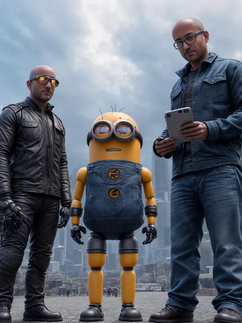 a man with two robotic minions and a cell phone in his hand and a minion behind him with a cell phone in his hand, UnrealisticDream , <lora:more_details:1>