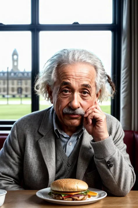 Albert Einstein eating a hamburger, cambridge university in the background, photorealistic, ultra realistic, maximum detail, foreground focus, epicurious, instagram, 8k, volumetric light, cinematic, octane render, uplight, no blur, depth of field, dof, bokeh