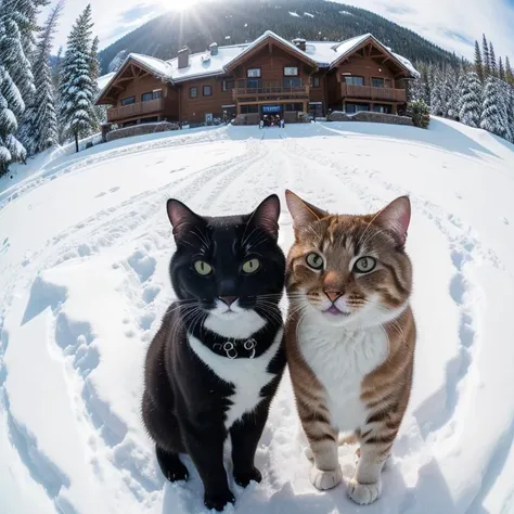Selfie, Gamma, fisheye lens, Fujifilm Superia, photorealistic Happy cats at the ski resort, winter , visual perception, Megapixel, ProPhoto RGB, AR, ray tracing, global illumination, Blobby, noise reduction, GLSL shaders, post-processing, tone mapping