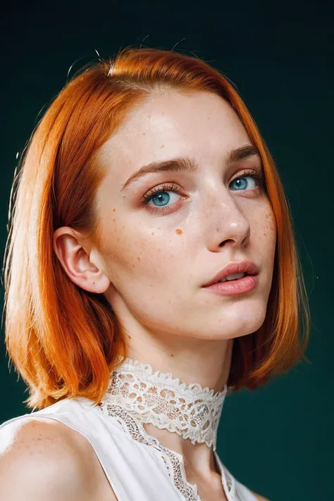 [most beautiful] Please do not use this one this white redhead woman named Lagertha, | very pale skin | clear blue eyes | orange short hair with bangs | lovely and beautiful serious face | freckles ((( fully naked  ))), wonderful and perfect realistic natural  | perfect naked breasts | ((( perfect red lips ))) white background, wearing hoop earrings, natural lighting
