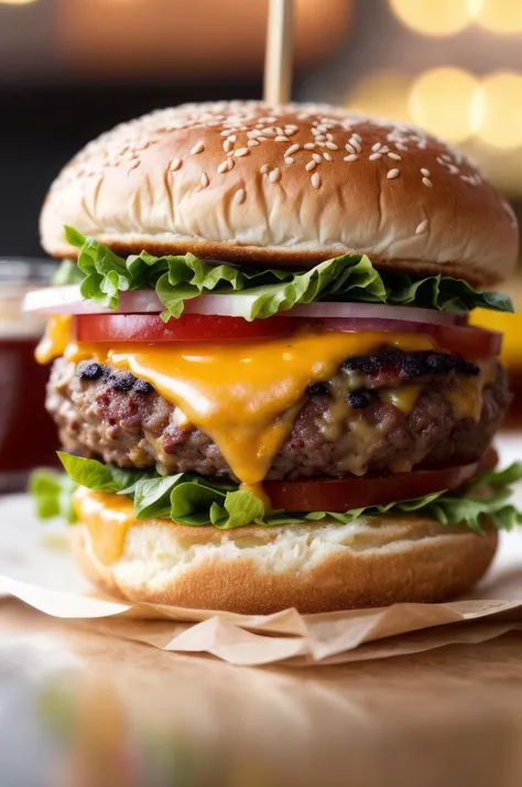 Photo of a burger with cheese from food photograph, food photography, photorealistic, ultra realistic, maximum detail, foreground focus, recipes.com, epicurious, instagram, 8k, volumetric light, cinematic, octane render, uplight, no blur, depth of field, dof, bokeh