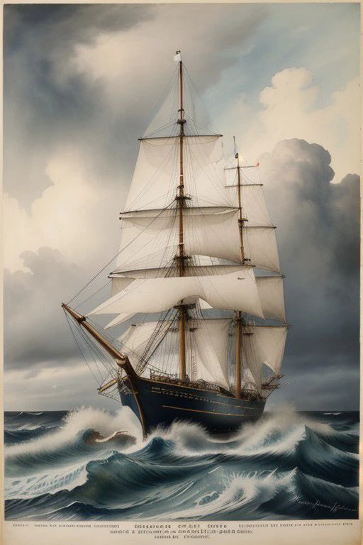 master piece, high quality, vintage watercolor, Three-masted sailing ship in a stormy sea. huge waves, thunderbolt in moody clouds and unusual colors, minimalism, physic-based rendering