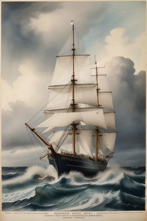 master piece, high quality, vintage watercolor, Three-masted sailing ship in a stormy sea. huge waves, thunderbolt in moody clouds and unusual colors, minimalism, physic-based rendering