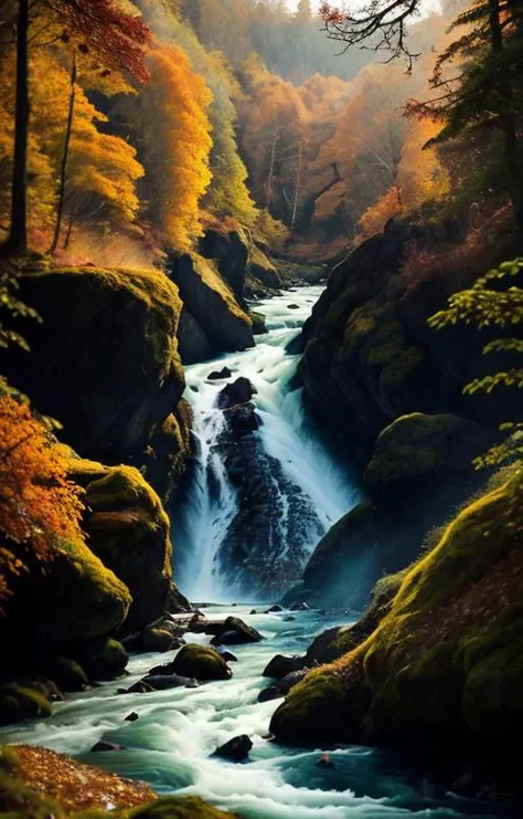 extremely breathtaking stunning majestic elegant landscape, hyper detailed breathtaking view of rushing river across the tremendously majestic autumn forest shimmering after rain colors at sunrise, high contrast natural lighting, impressively beautiful depiction, perfect mid-level contrast curves and histogram
