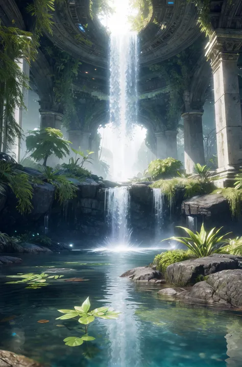 extreme quality, cg, photorealistic, (bright colors:0.9), light, elemental, water magic, blue, water, magical, righteous, (outdoors), masterpiece, 8k, (tone mapping, hyper focus:0.5), limited palette, (dappled sunlight:0.7), reflective surface, orange, wholesome, (varied depth of field:0.8), complimentary colors, particle dust, green embers, (ancient), (pyramid:0.7), flood, (vegetation), plants, (destiny 2:1.25), (no humans:1.5), (neon cyber technology:1.27), (architecture:0.8), magical, ruins, (catacomb:0.7), ripples, granite, detailed texture, flower, marble, vine