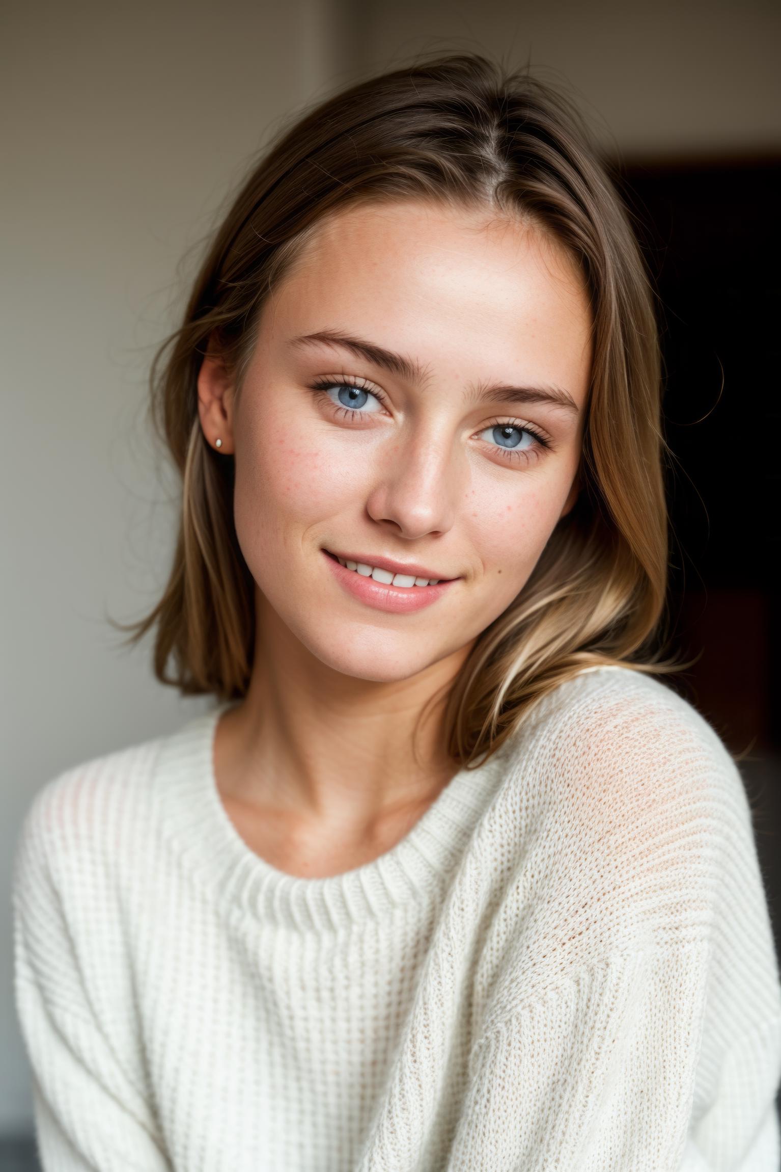 A close up of a woman with a sweater on posing for a picture - SeaArt AI