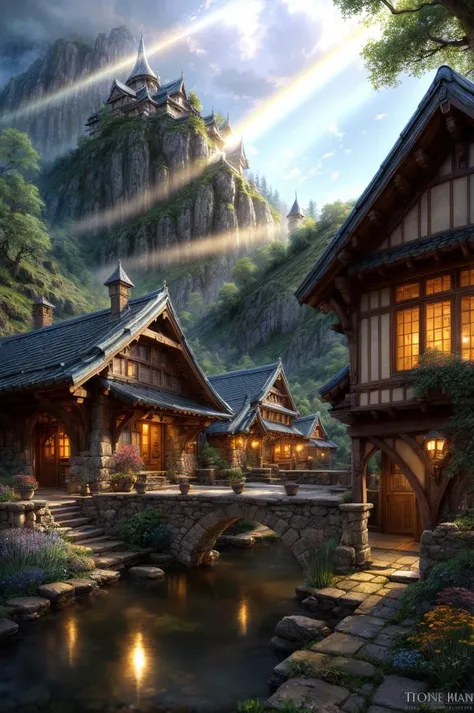 a medieval hobbit home, ornate, beautiful, atmosphere, vibe, mist, smoke, chimney, rain, beings, sorcerer, wet, pristine, puddles, waterfall, clear stream, bridge, forest, flowers, concept art illustration, color page, 4 k, tone mapping, doll, akihiko yoshida, james jean, andrei riabovitchev, marc simonetti, yoshitaka amano, digital illustration, greg rutowski, volumetric lighting, sunbeams, particles, rembrandt <lora:more_details:1>
