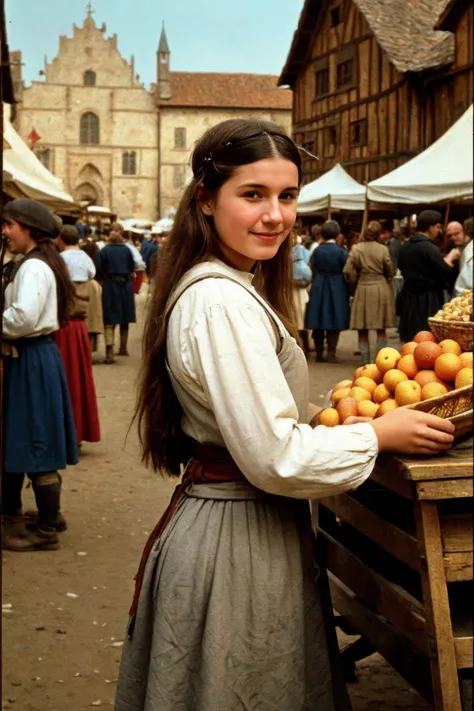 medieval peasant girl in a crowded medieval marketplace