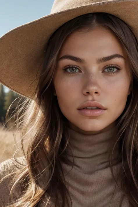 portrait of S289_KateLi,a gorgeous woman,on a (field:1.1),wearing a (cowlneck:1.1),(hat),(4k, RAW photo, best quality, depth of field, ultra high res:1.1),(absurdres, intricate, photorealistic, masterpiece, ultra-detailed:1.1),
