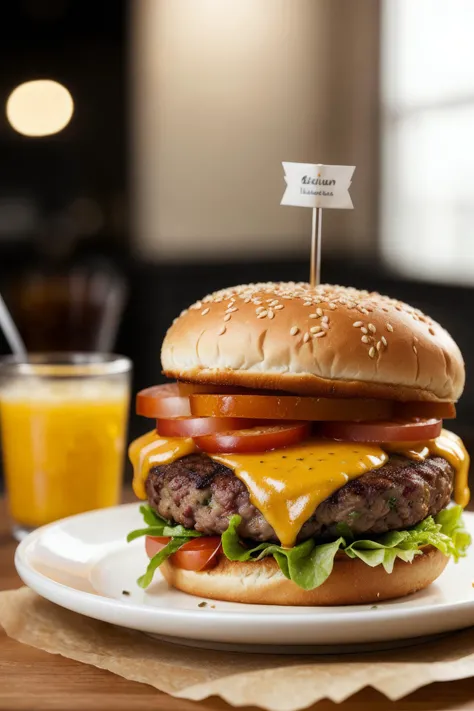 Photo of a burger with cheese from food photograph, food photography, photorealistic, ultra realistic, maximum detail, foreground focus, recipes.com, epicurious, instagram, 8k, volumetric light, cinematic, octane render, uplight, no blur, depth of field, dof, bokeh