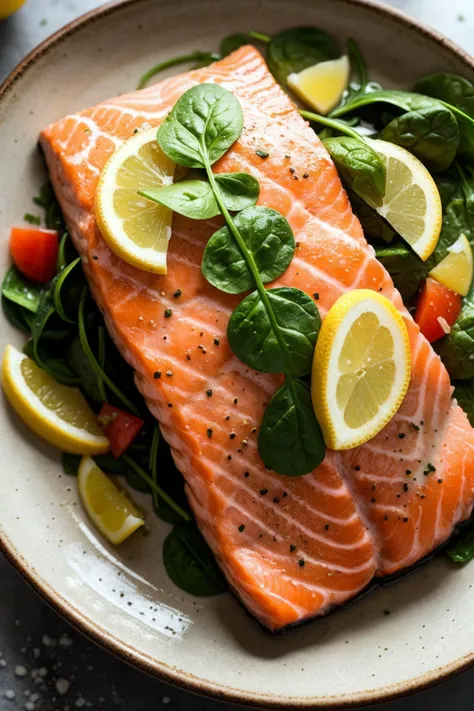 100mm raw camera, f/2.8, professional food photo of salmon steak, spinach, lemon, steam, superrealistic, soft light, exposure blend, medium shot, (muted colors, dim colors, soothing tones:1.3)