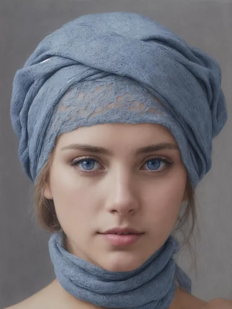 a woman with blue eyes and a blue scarf on her head is looking at the camera with a serious look on her face, blue eyes, a photorealistic painting, art photography, <lora:more_details:1>