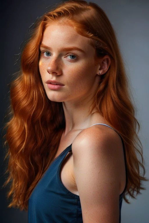 motorexpo, a cute beautiful irish redhead wearing dress very detailed, 21 years old, inoccent face, natural wave hair, silver eyes, high-res, masterpiece, best quality,intricate details, highly detailed, winking,sharp focus, detailed skin,realistic skin texture,texture, detailed eyes, professional, 4k, freckles, charmer smile, shot on Canon, 85mm,shallow depth of field,kodak vision color, perfect fit body, extremely detailed, photo_\(ultra\), photorealistic, realistic, post-processing, max detail, roughness, real life, ultra realistic, photorealism, photography, 8k uhd, photography, SEMI-SILHOUETTE light, long hair