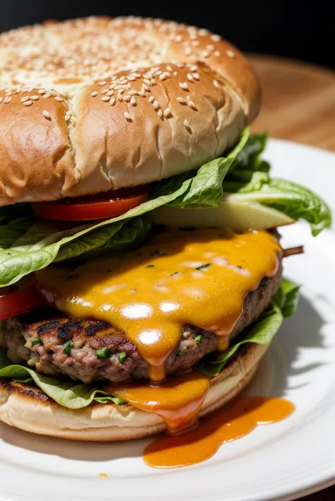 Photo of a burger with cheese from food photograph, food photography, photorealistic, ultra realistic, maximum detail, foreground focus, recipes.com, epicurious, instagram, 8k, volumetric light, cinematic, octane render, uplight, no blur, depth of field, dof, bokeh