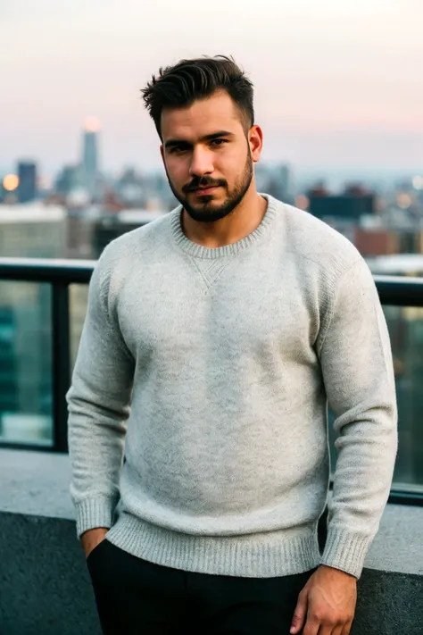 closeup photo of a man wearing fitted sweater, facial hair, blurred city skyline, urban rooftop, twilight, natural light, city lights, subtle backdrop, intense and introspective mood, skin texture, modern (rugged:0.4) aesthetic, thoughtful expression, charismatic, bokeh, cinemascope, moody, epic, gorgeous, film grain
