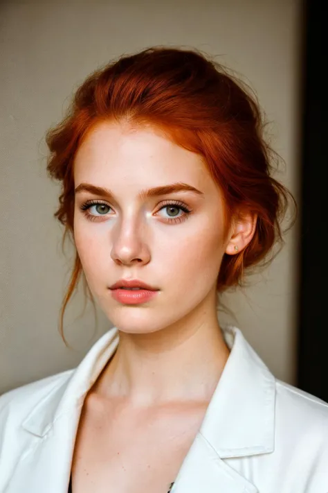 raw photo of a young woman, (ginger hair girl:1.2), makeup, graphic eyeliner, rouge, realistic skin texture, oversize jacket, soft lighting, high quality, film grain, Fujifilm XT3
