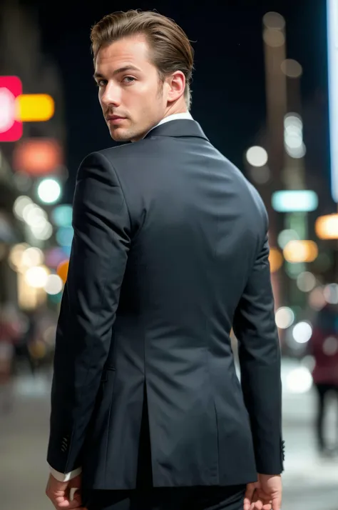backside portrait of a glamorous hollywood (English man:1.3), (working as a Guide in Age of Quantum Cryptography Wuhan street:1.1), at dawn, Luminous Ring light, (bright camera flash photography:1.2), Soft neutrals aesthetic, (focus on the eyes), (hard shadows, pitch black background, unlit, dark theme, dim lighting, deep contrast:1.1), (background in focus), (motion blur, lens blur, out of focus:1.1)