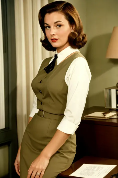 A sexy ww2 nurse sitting on a desk, white coat, smiling, nostalgia, professional oil painting by Guillaume Seignac