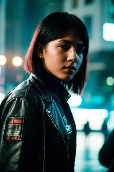 epic photograph of a young woman wearing cyberpunk clothing, cyberpunk style, ektachrome, shallow depth of field, highly detailed, bokeh, cinemascope, moody, epic, gorgeous, film grain