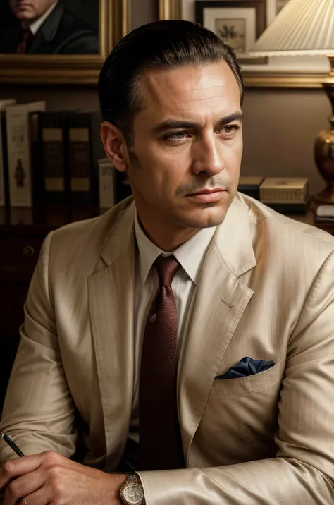 beautiful oil matte portrait painting, mafia boss at his 50s new york office desk, wonderful masterpiece highly detailed, beautiful cinematic light deep focus, elegant, digital painting, smooth, sharp focus, golden ratio, dramatic illumination, ultra realistic, 8k, art by jimmy law <lora:add_detail:1>
