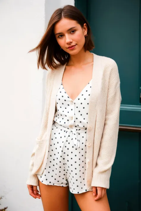 Fashion photography, Ukrainian woman, tall body, cyber_portrait_03, dejected, (Polka dot playsuit with a cardigan), (perfect chestnut flip hairstyle hair), volumetric lighting, Fuji X-T4, 50mm prime lens, Fujifilm color, film grain
