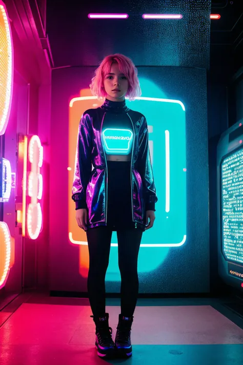 (Abstract:1.3) photo of a futuristic european girl, with pink hair, interacting with holographic interfaces, full body framing, in a sci-fi inspired setting, under neon lighting, on a RED digital cinema camera, with a bokeh filter, (in the style of Hayao Miyazaki:1.3)