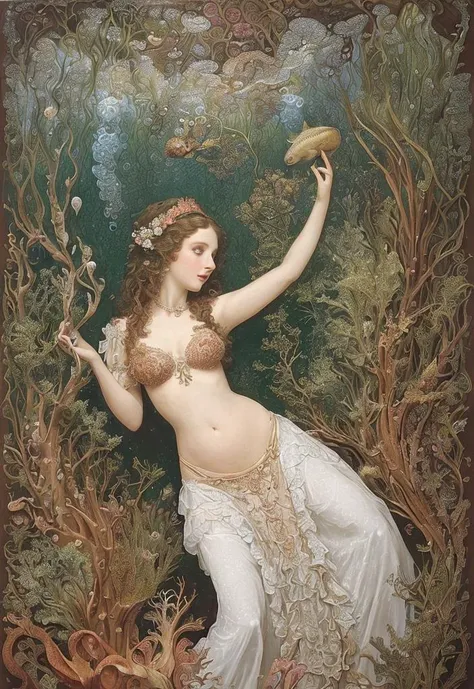 (drawing by alfons mucha, girl, masterpiece, rococo dress, intricate ornate, baroque, catsuit, long curly hair, hyperdetailed, queen, art noveau, royal dress)0.78, beauty, lichen, lace, fish, underwater, bubbles, coral, starfish, conch,