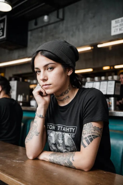 gritty raw street photography, plain clean earthy young female hacker, black punk t-shirt, tattoos on her arm, sitting in a busy crowded street diner, shot with Canon EOS 5D Mark IV <lora:LowRA:0.4> <lora:add_detail:0.6>